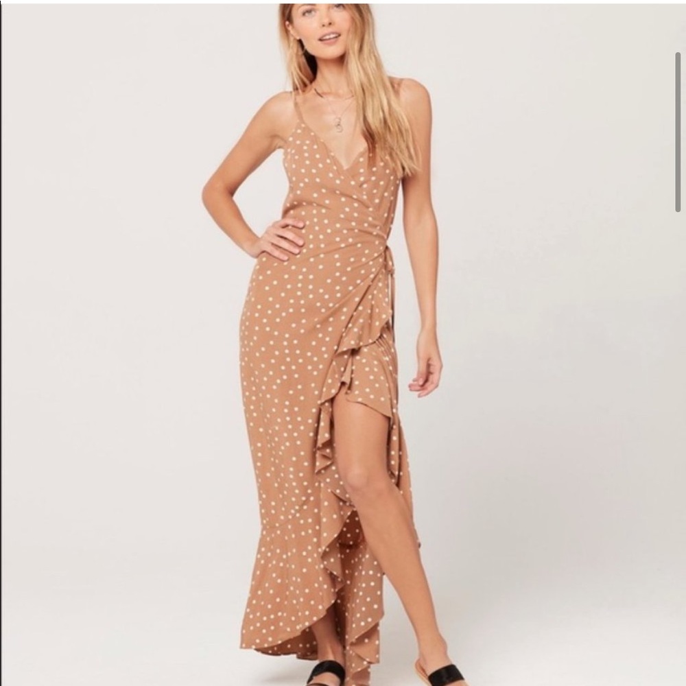 L Space Wendy Midi Wrap Dress Tan Polka Dot Size Small